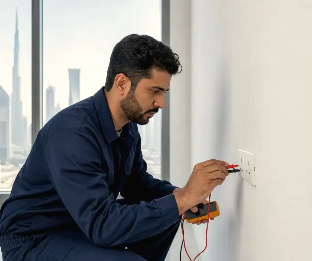 Electrician testing a wall socket with a multimeter