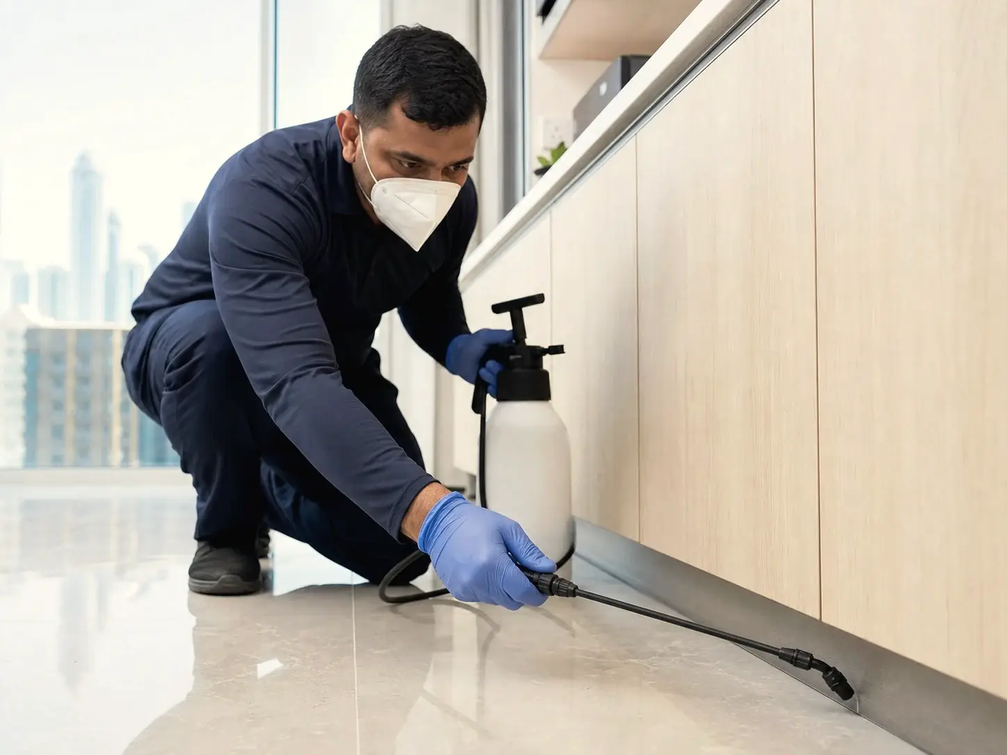 Treating along a kitchen skirting board.