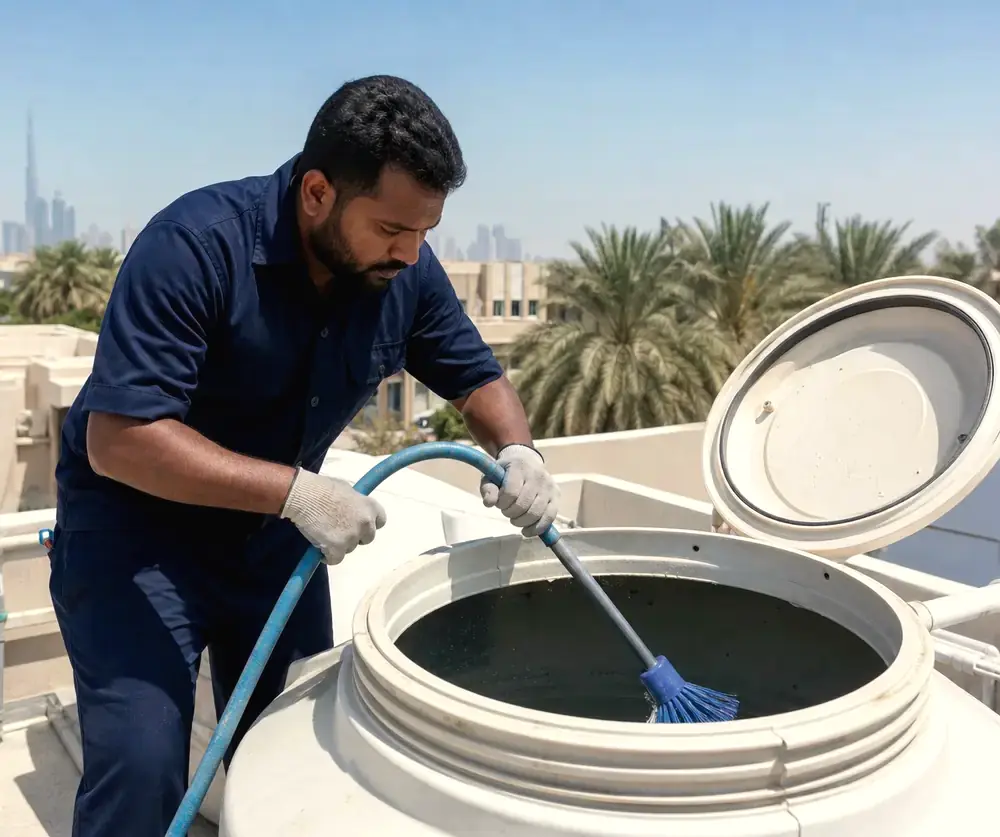 Technician cleaning a rooftop water tank at a Dubai villa